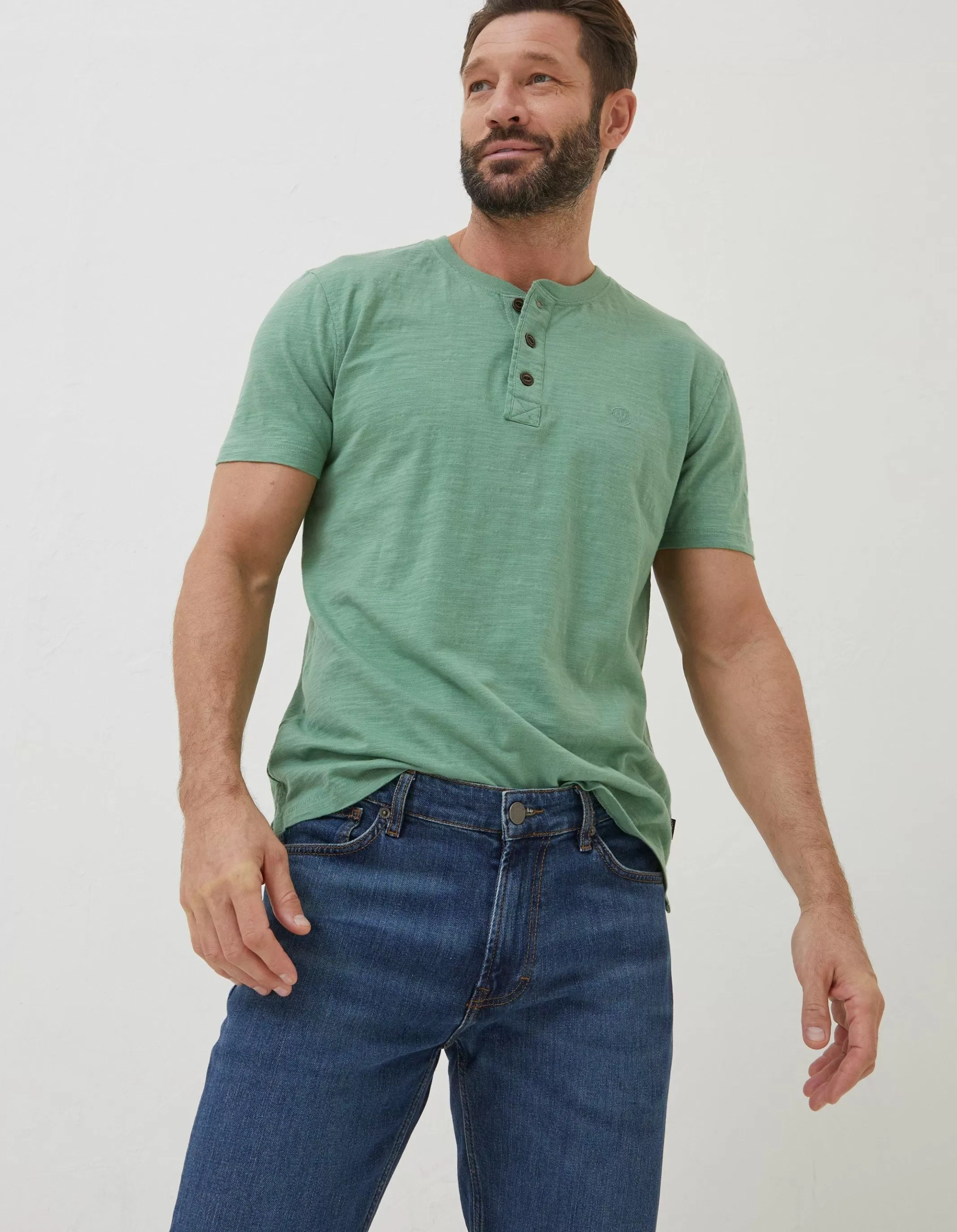Outlet FatFace Slub Henley T-Shirt Green