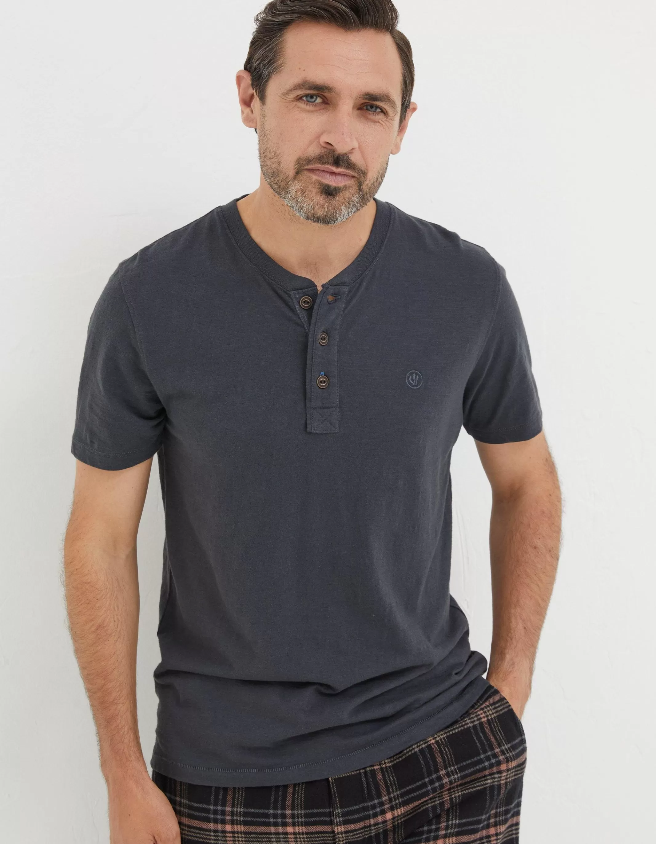 Outlet FatFace Slub Henley T-Shirt Washed Black