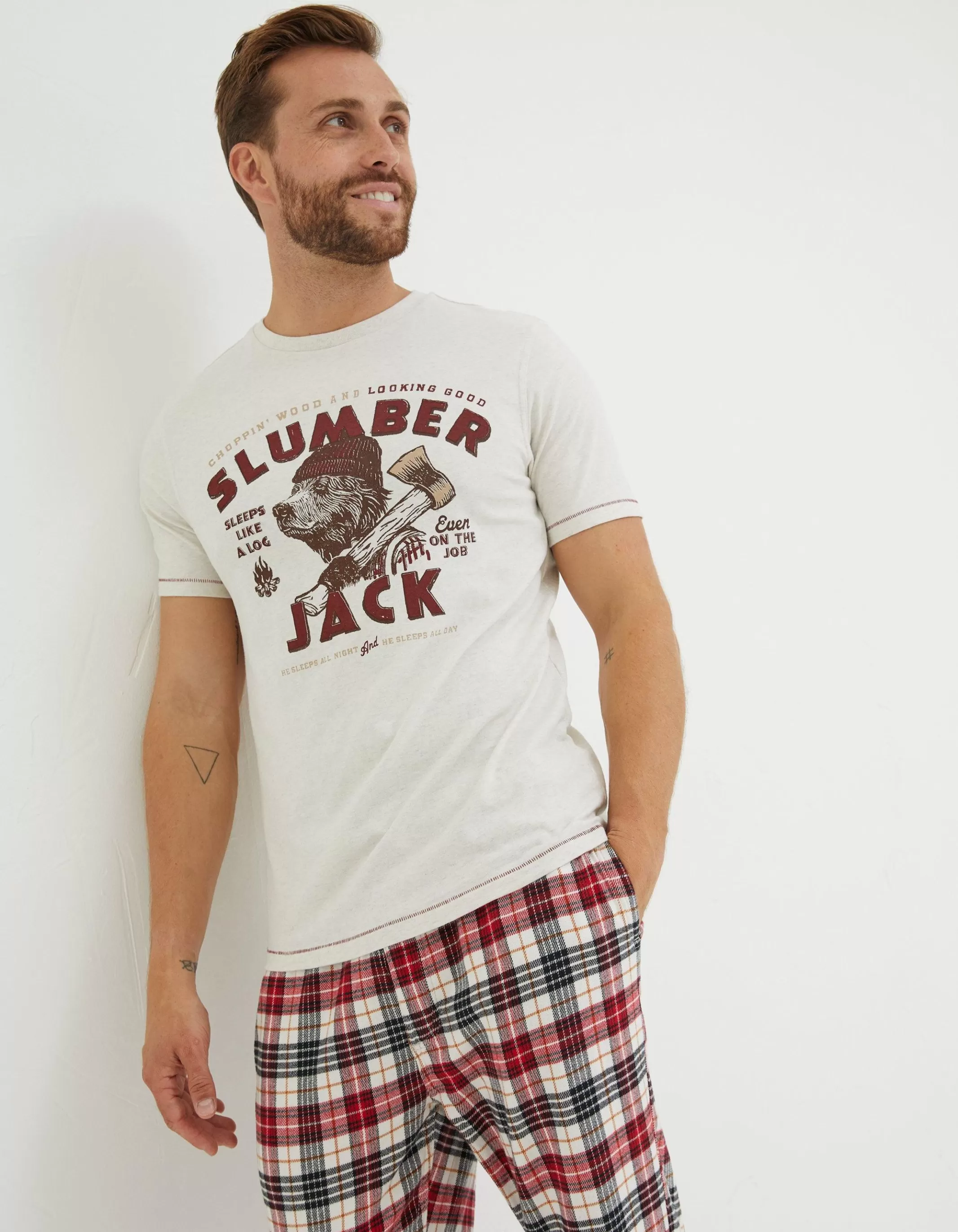 Cheap FatFace Slumber Jack T-Shirt Ivory Marl