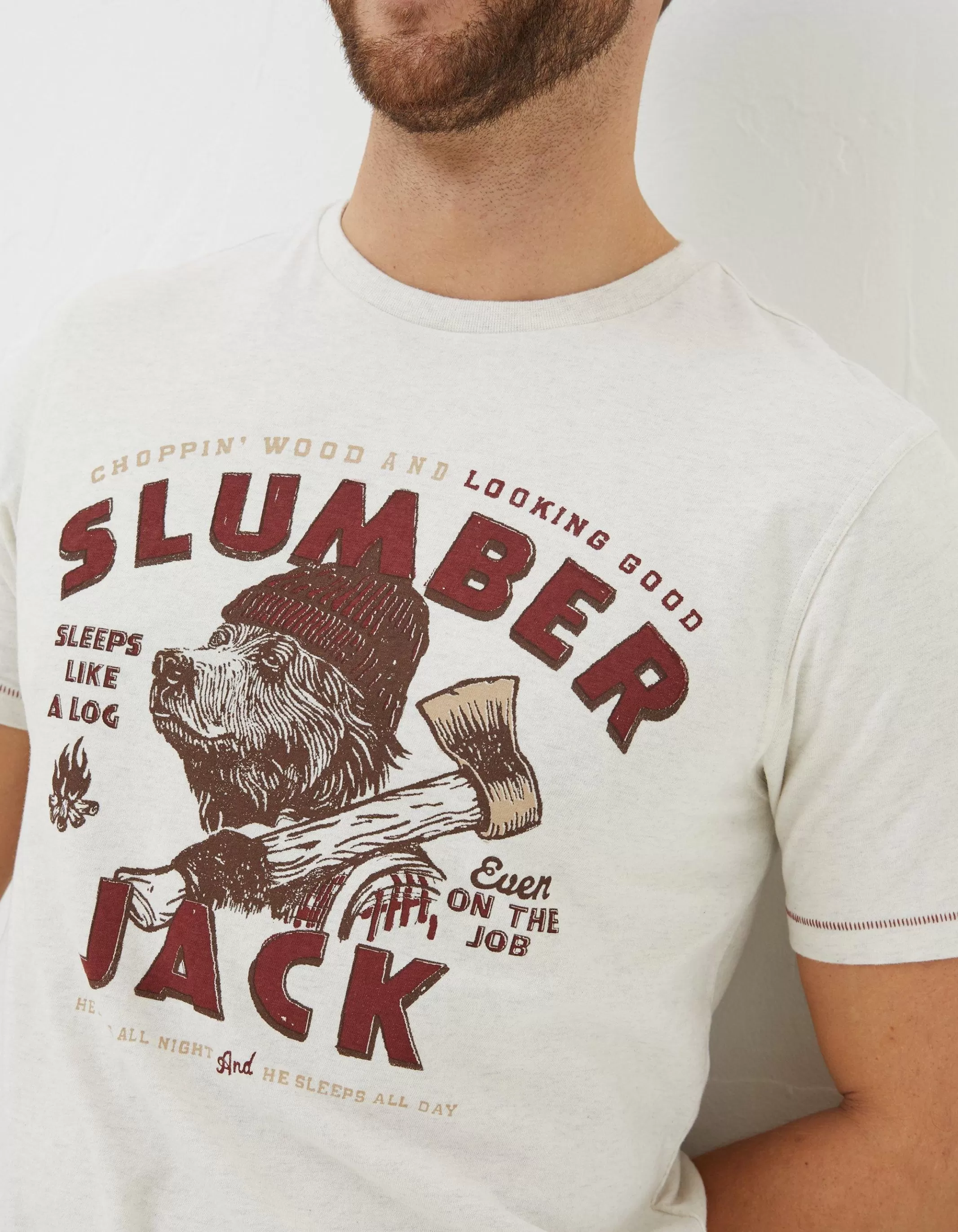 Cheap FatFace Slumber Jack T-Shirt Ivory Marl