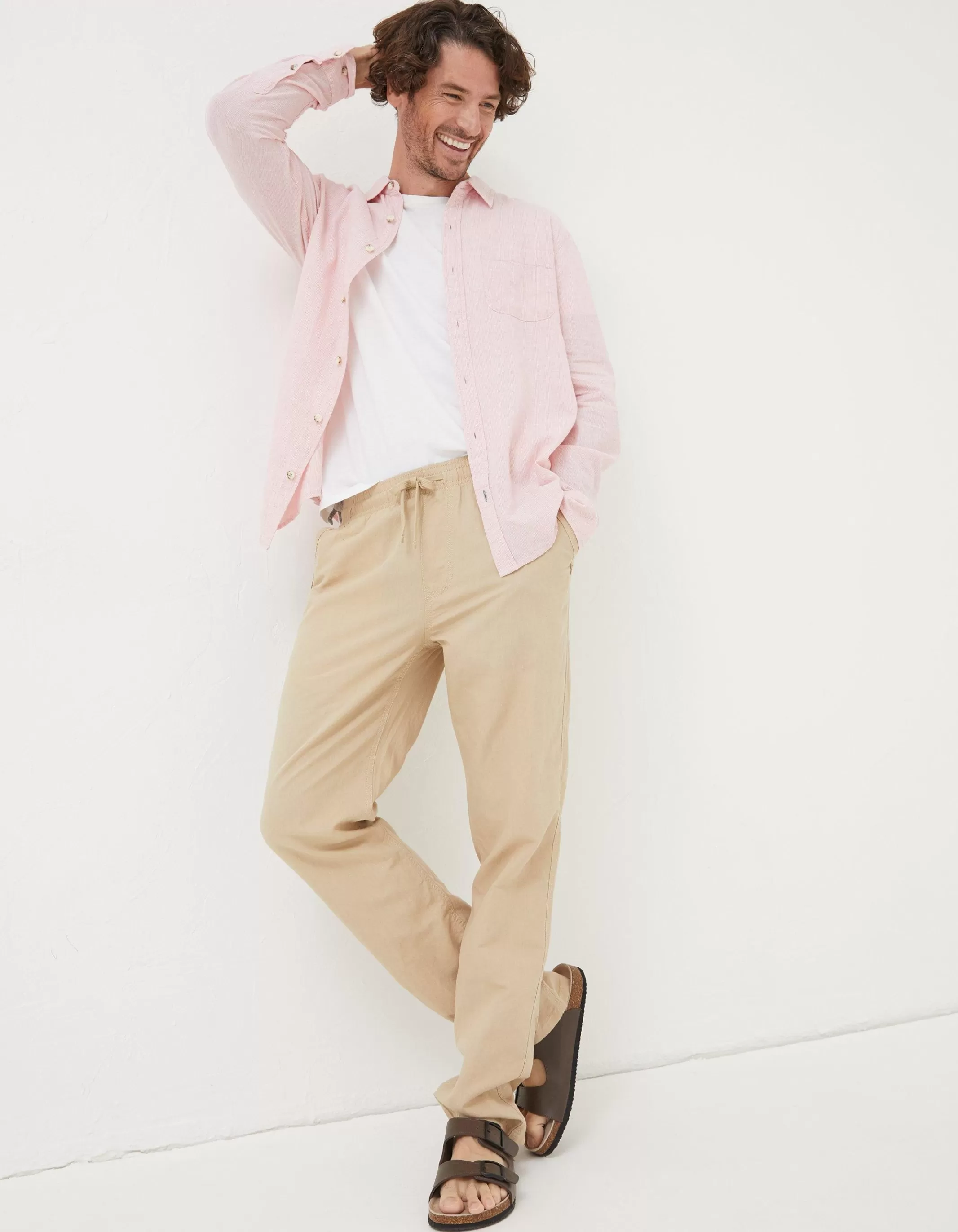 Discount FatFace Straight Cotton Linen Trousers Light Stone