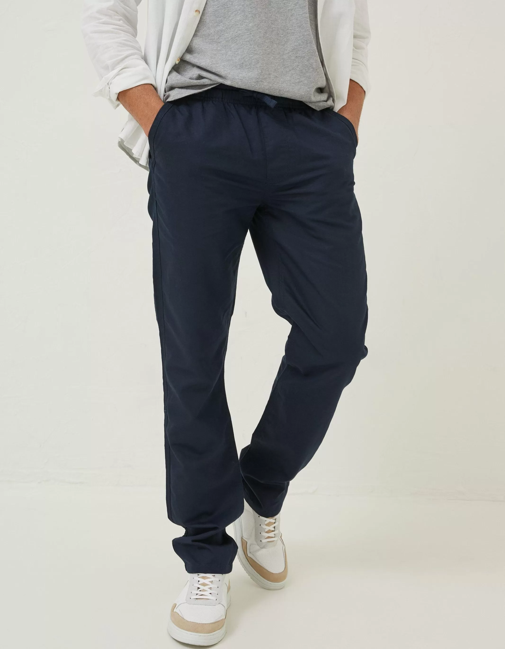 Cheap FatFace Straight Cotton Linen Trousers Navy