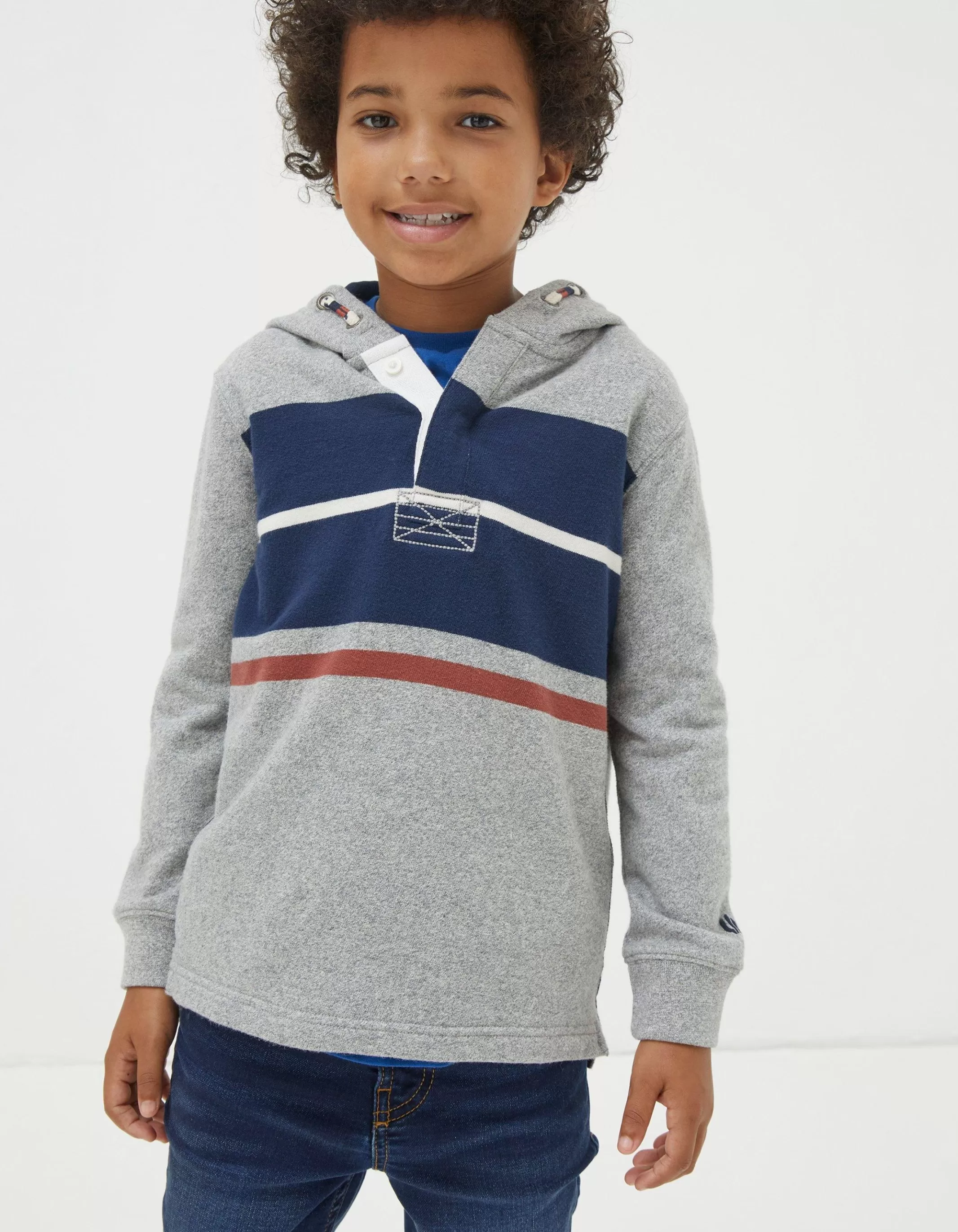 Flash Sale FatFace Stripe Henley Hoodie Grey Marl