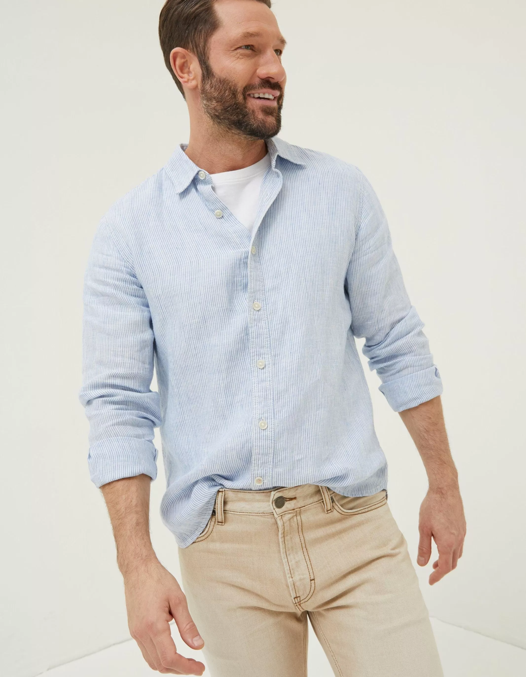 New FatFace Stripe Linen Shirt Chambray Blue