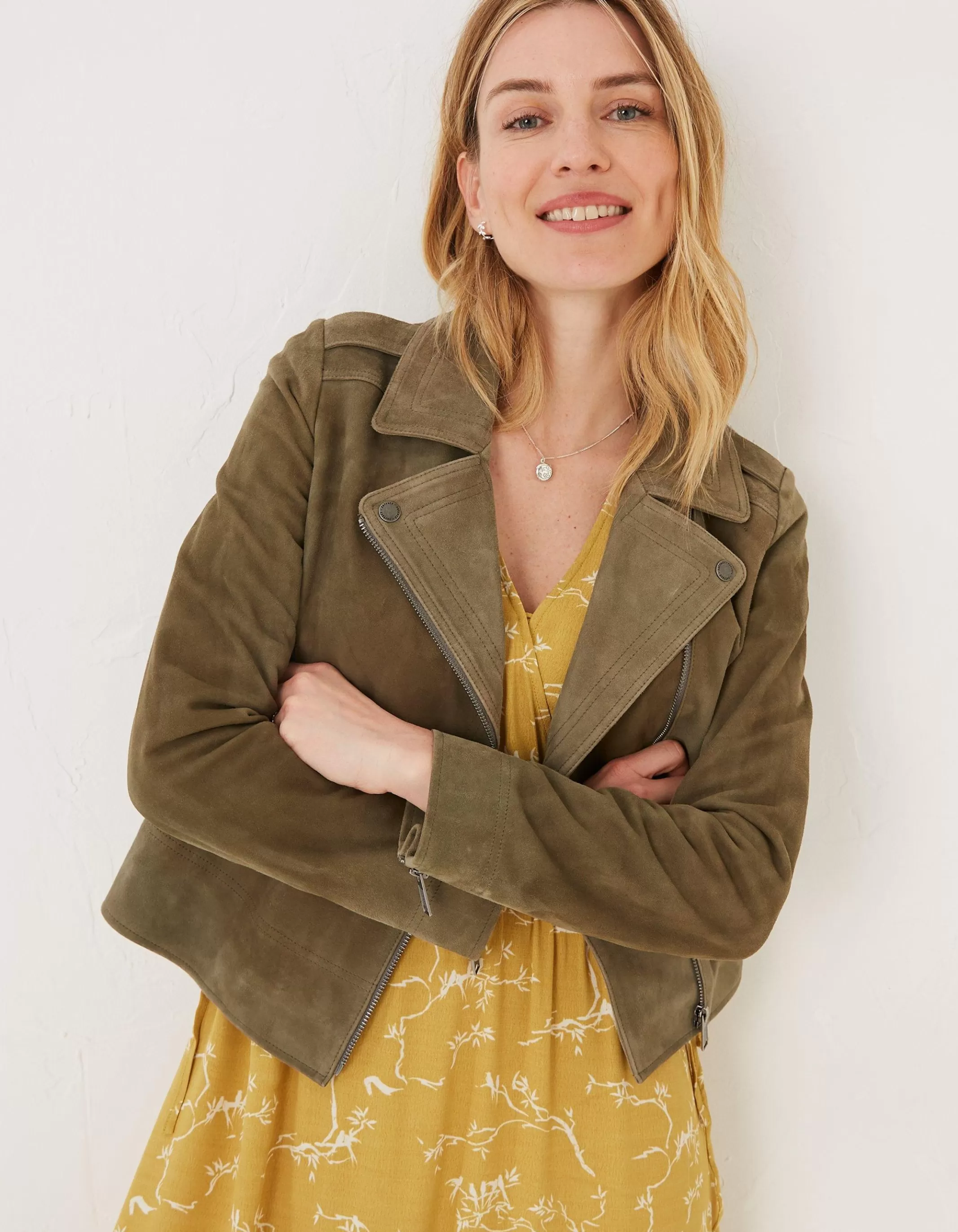 Fashion FatFace Suzie Suede Biker Jacket Mid Green