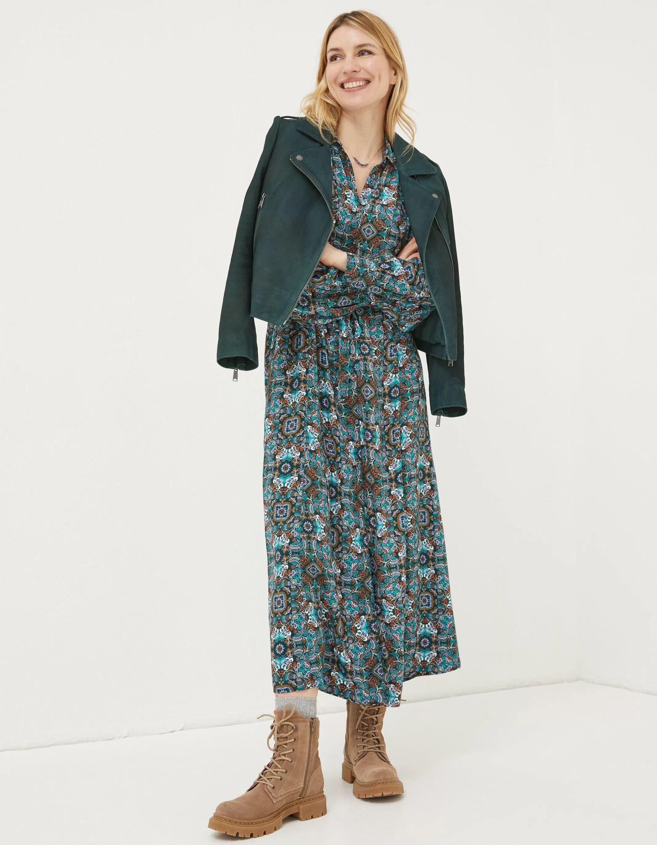 Shop FatFace Suzie Suede Biker Jacket Dark Teal