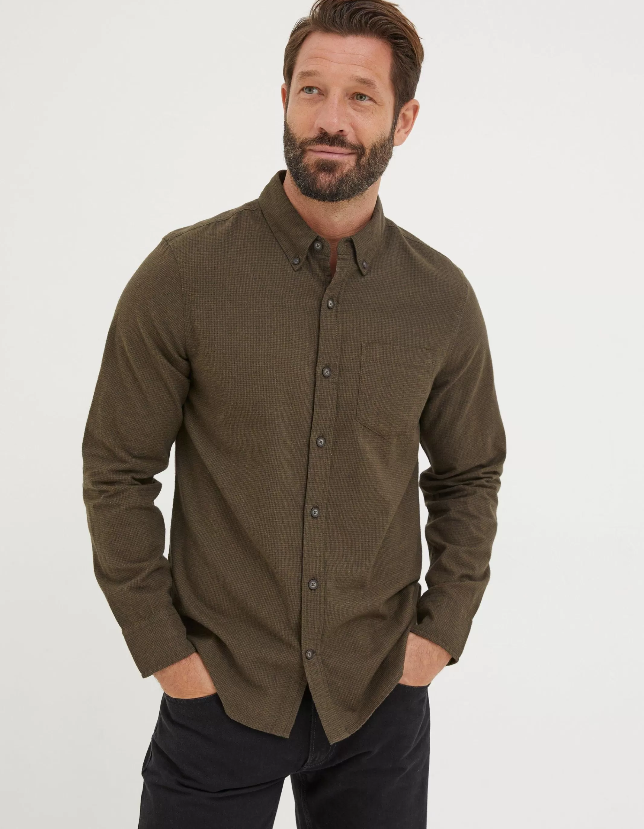 Hot FatFace Tadlow Puppytooth Shirt Olive Green