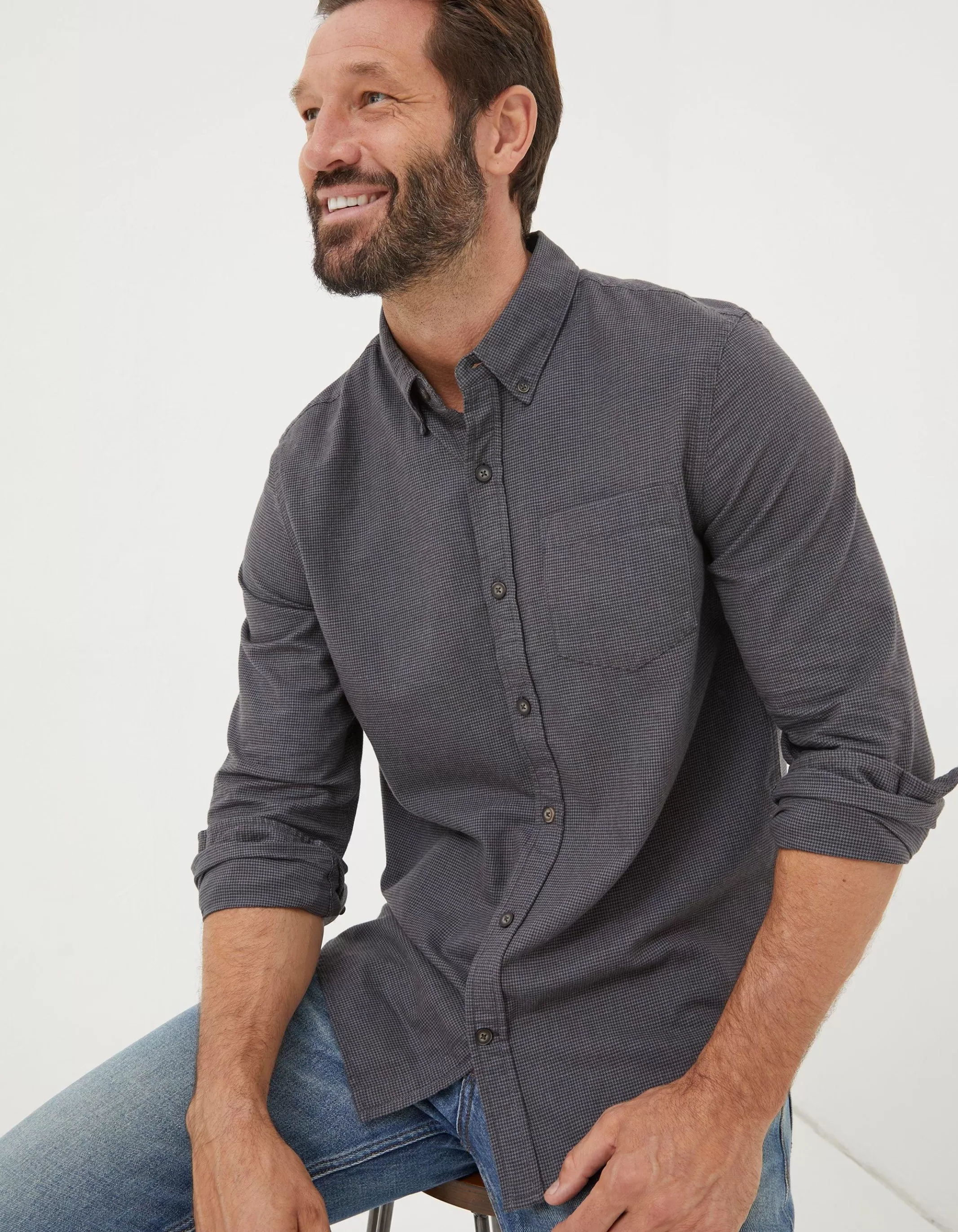 Cheap FatFace Tadlow Puppytooth Shirt Dark Grey