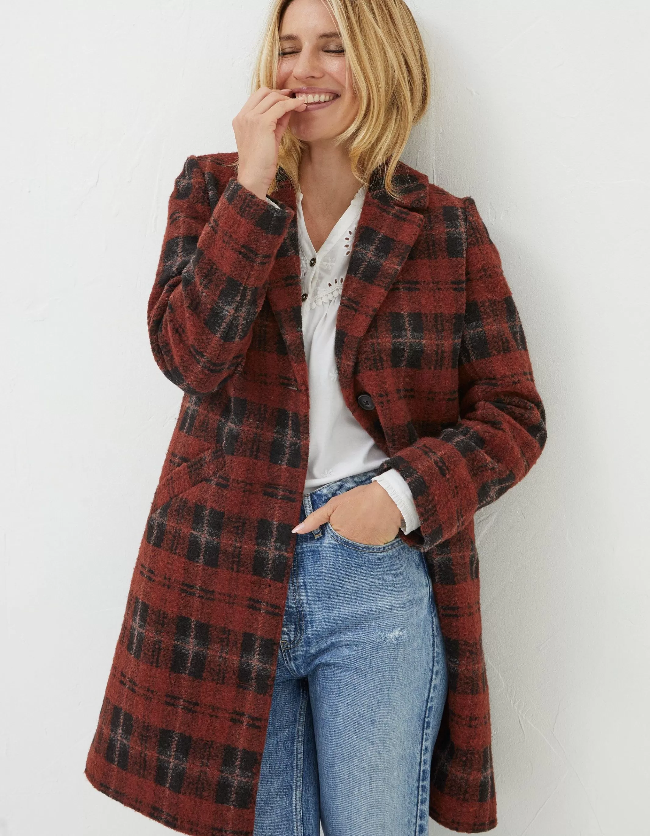New FatFace Tanya Wool Blend Check Coat Rust Red