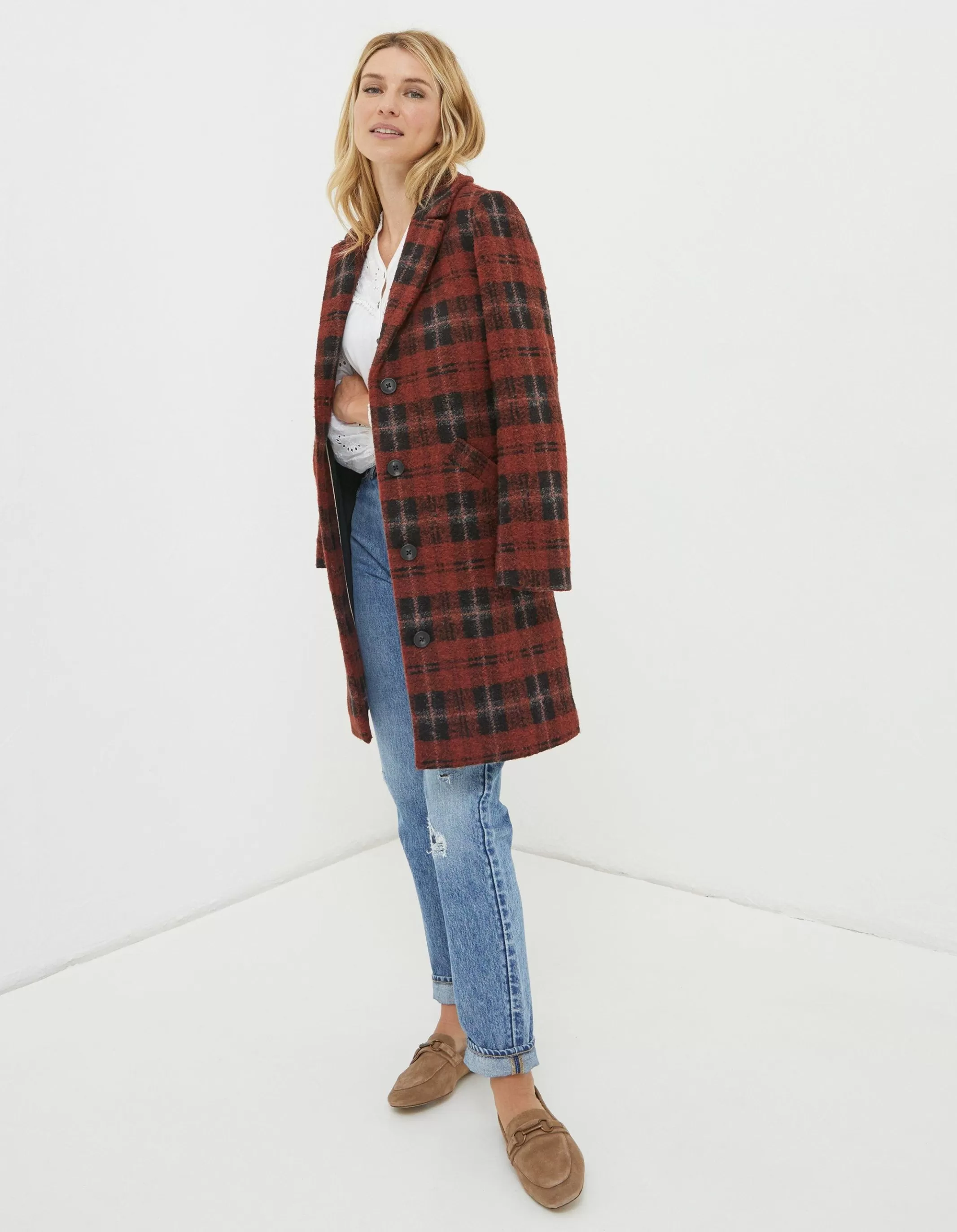 New FatFace Tanya Wool Blend Check Coat Rust Red