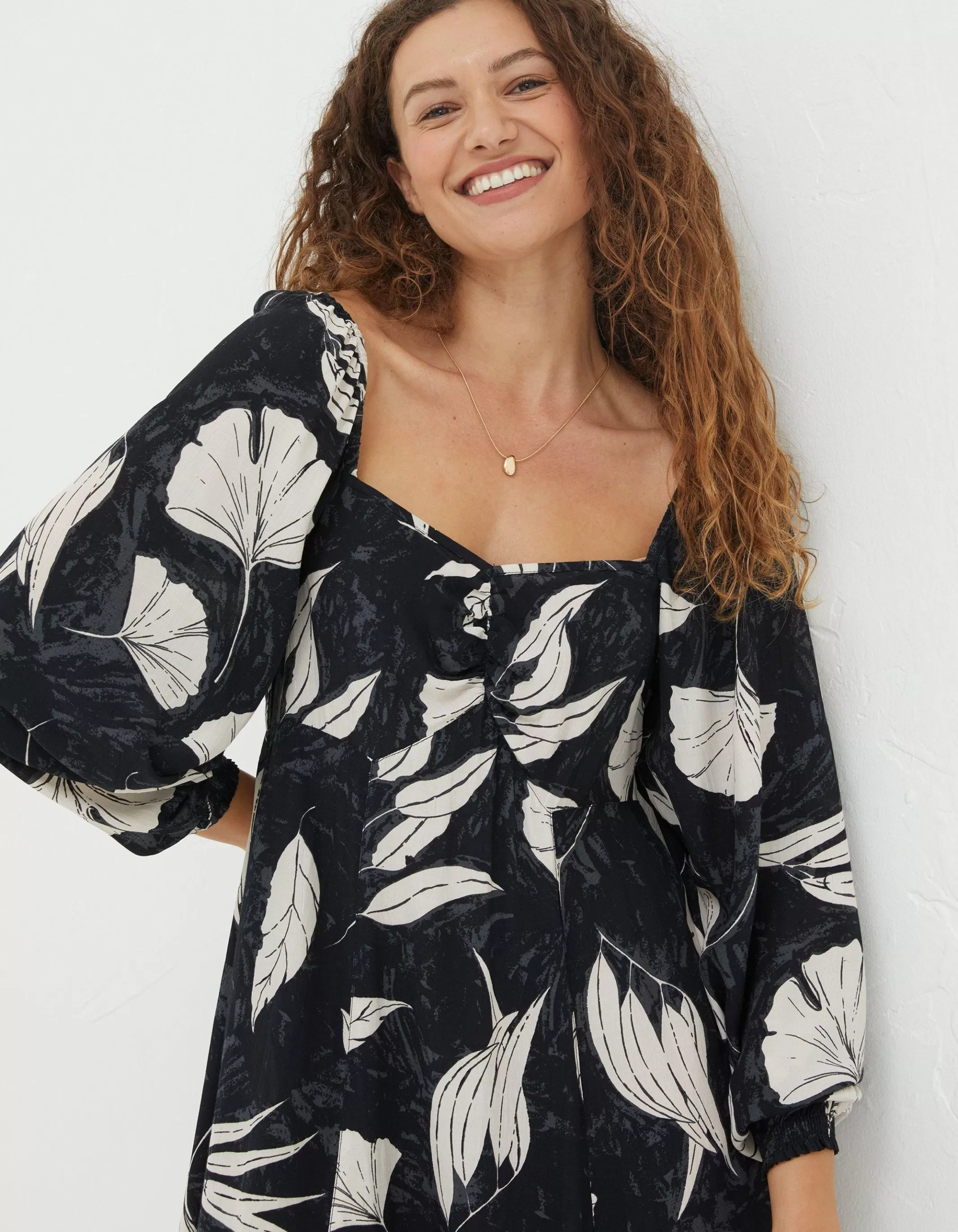 Online FatFace Tessa Twilight Leaves Midi Dress Black