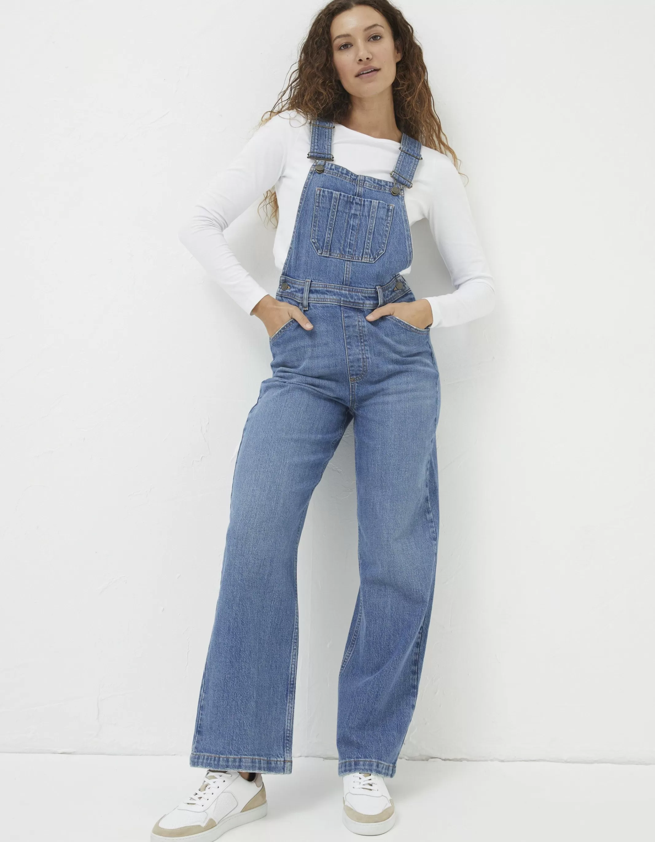 Clearance FatFace Tetbury Wide Leg Dungarees Mid Blue