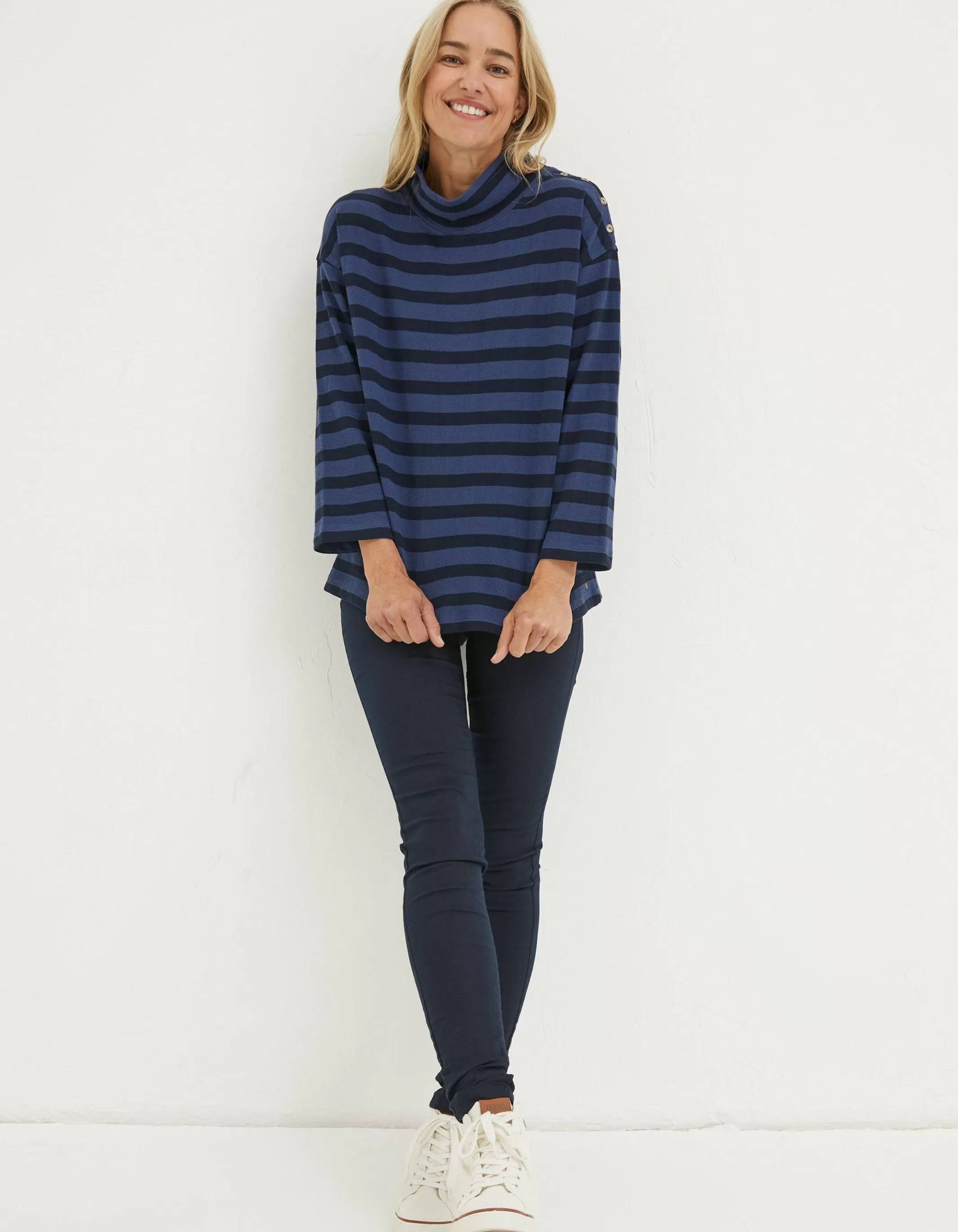 New FatFace Thayer Funnel Stripe Sweatshirt Washed Blue