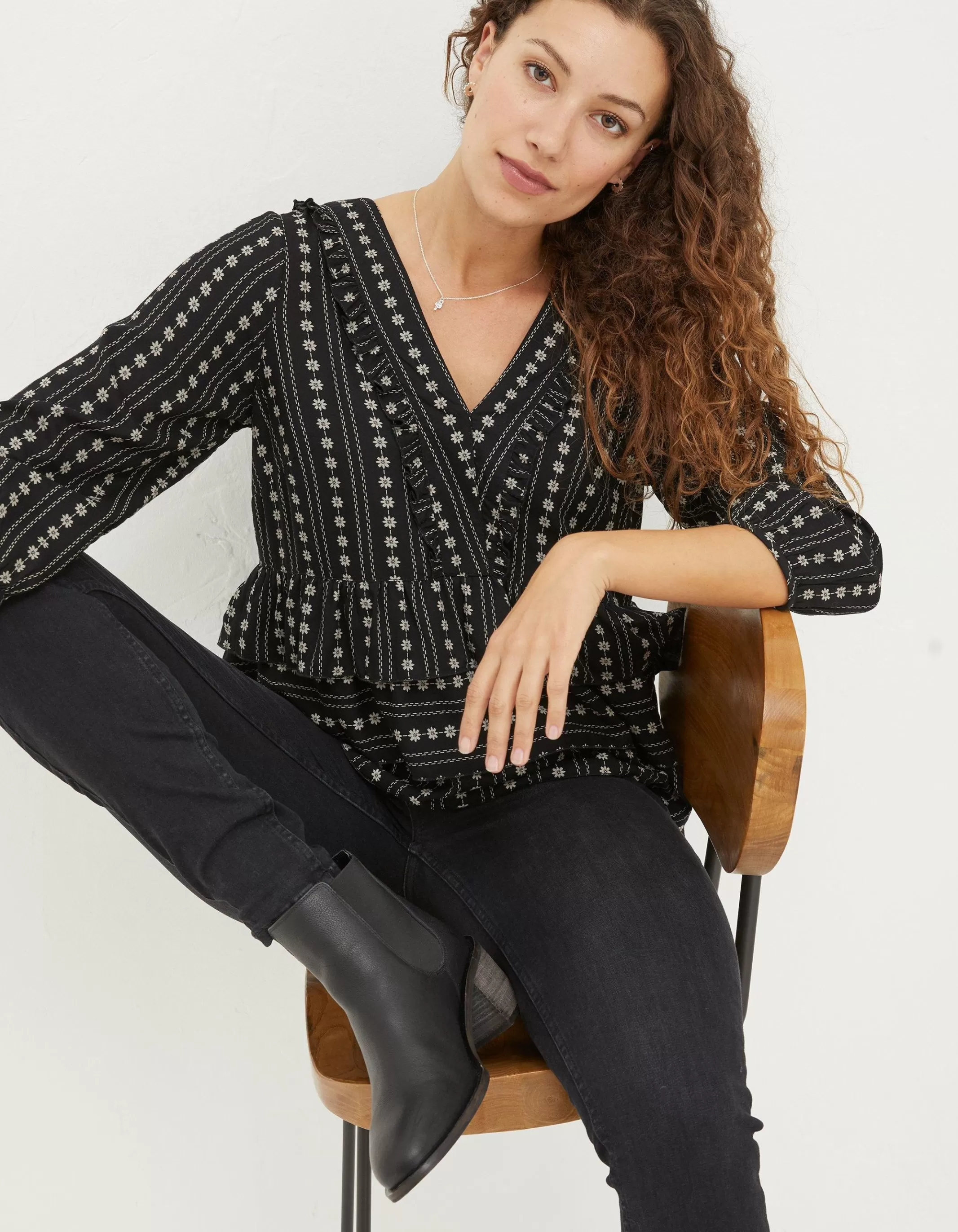 Shop FatFace Tibby Frill Floral Blouse Black