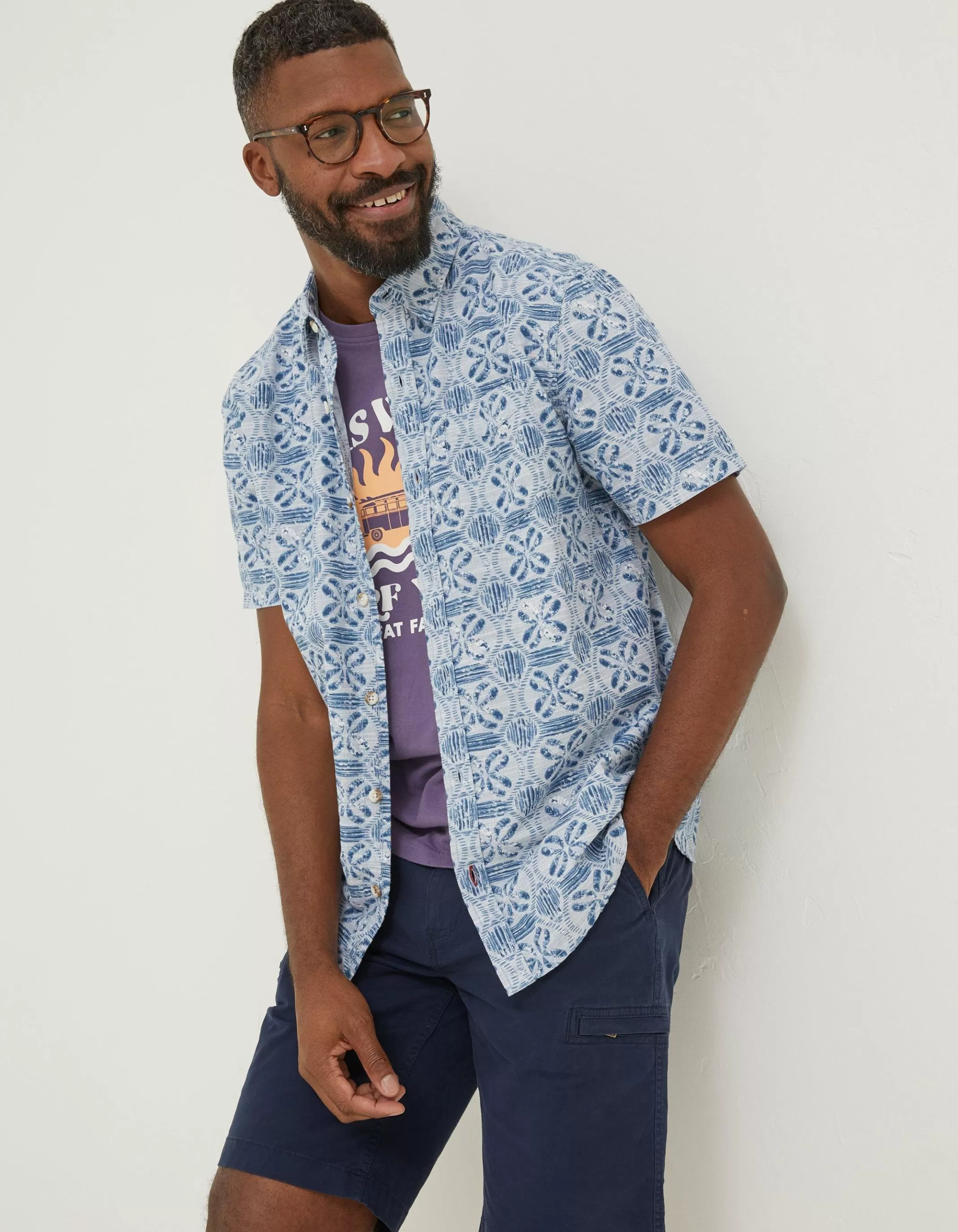 Hot FatFace Tile Print Shirt Washed Blue