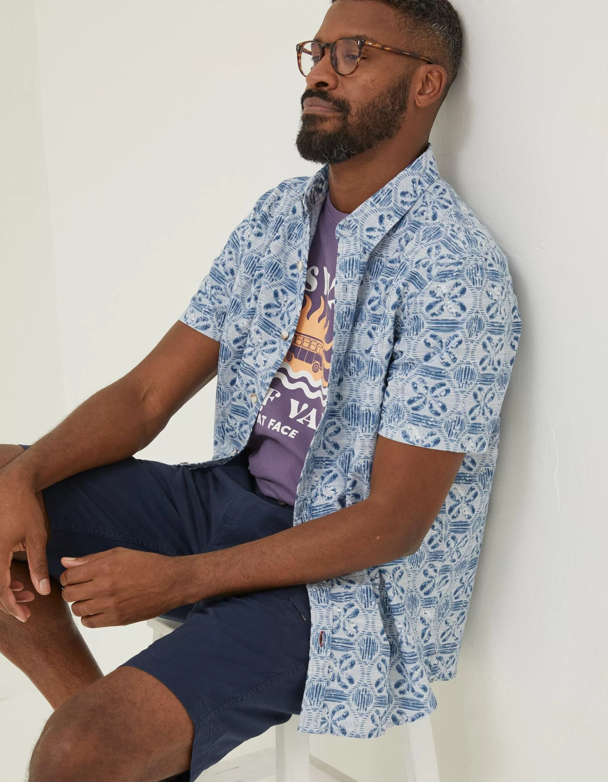 Hot FatFace Tile Print Shirt Washed Blue