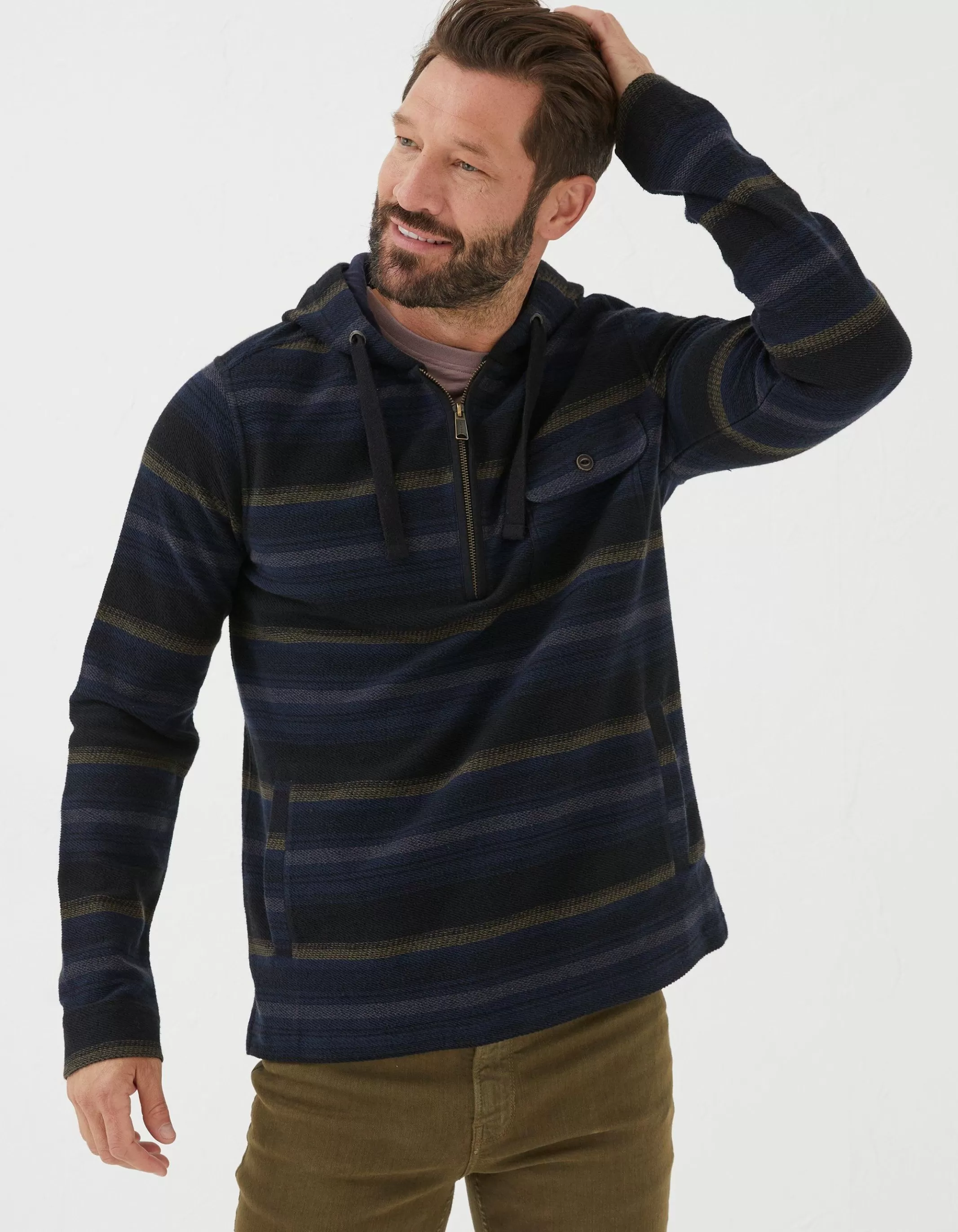 Online FatFace Trescowe Stripe Half Zip Hoodie Navy