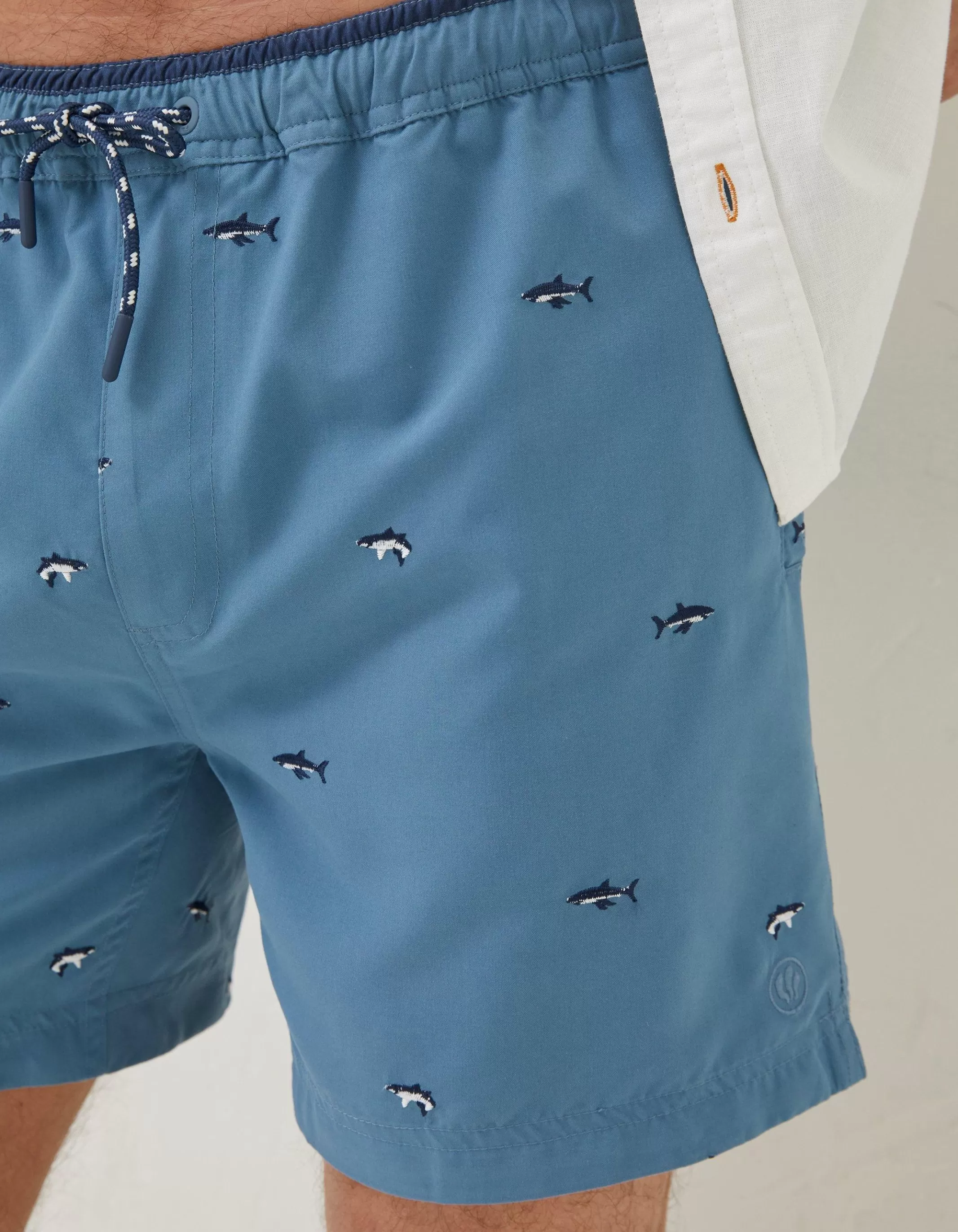 Cheap FatFace Trevose Shark Swim Shorts Washed Blue