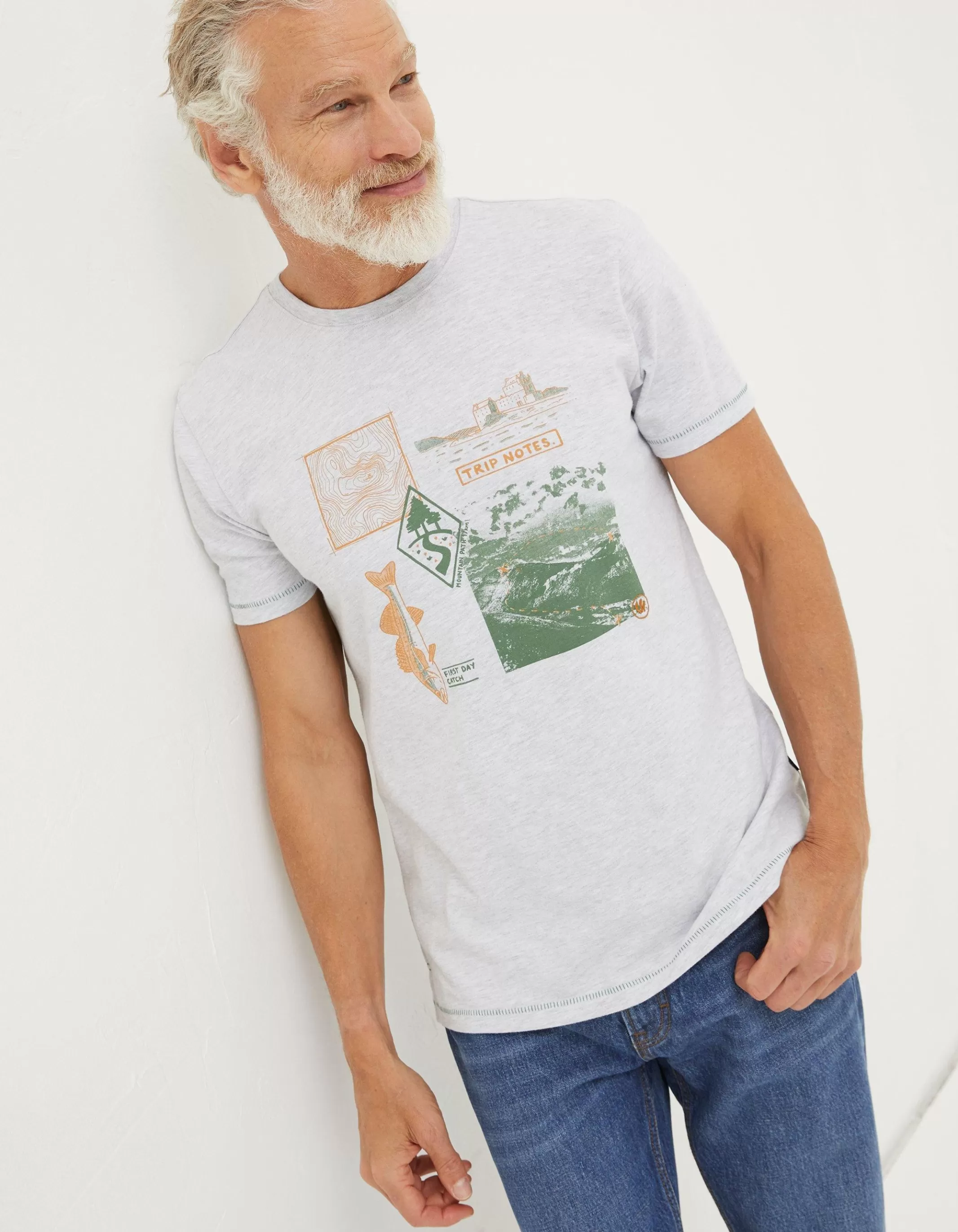 Sale FatFace Trip Notes Printed T-Shirt Light Grey