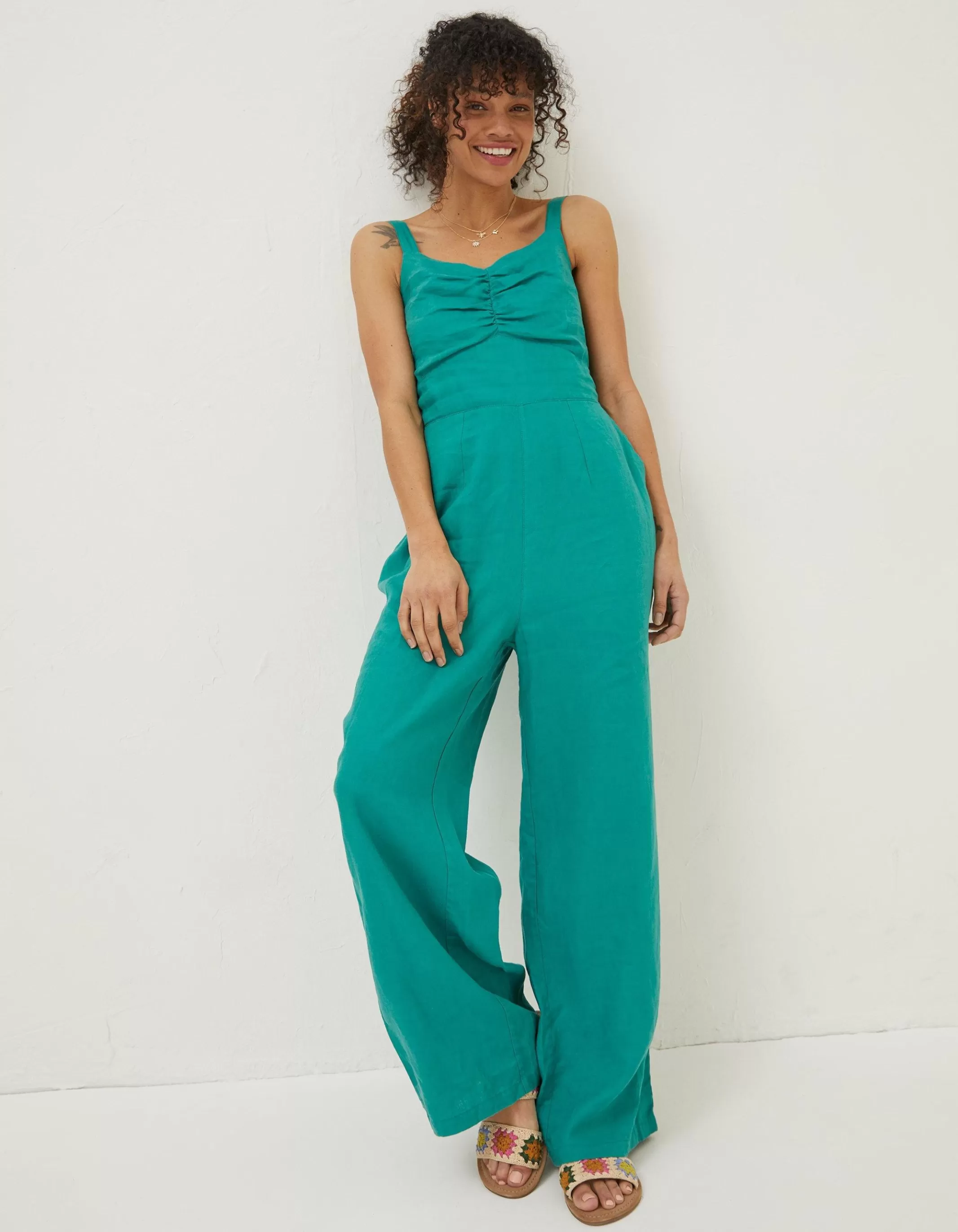 Discount FatFace Vic Linen Jumpsuit Teal Green