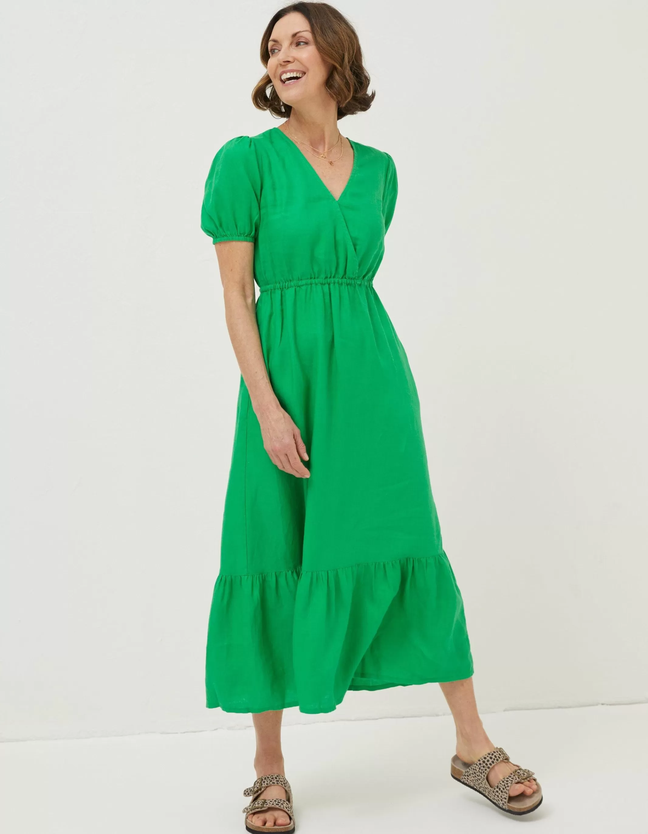 Sale FatFace Vivvie Linen Midi Dress Bright Green