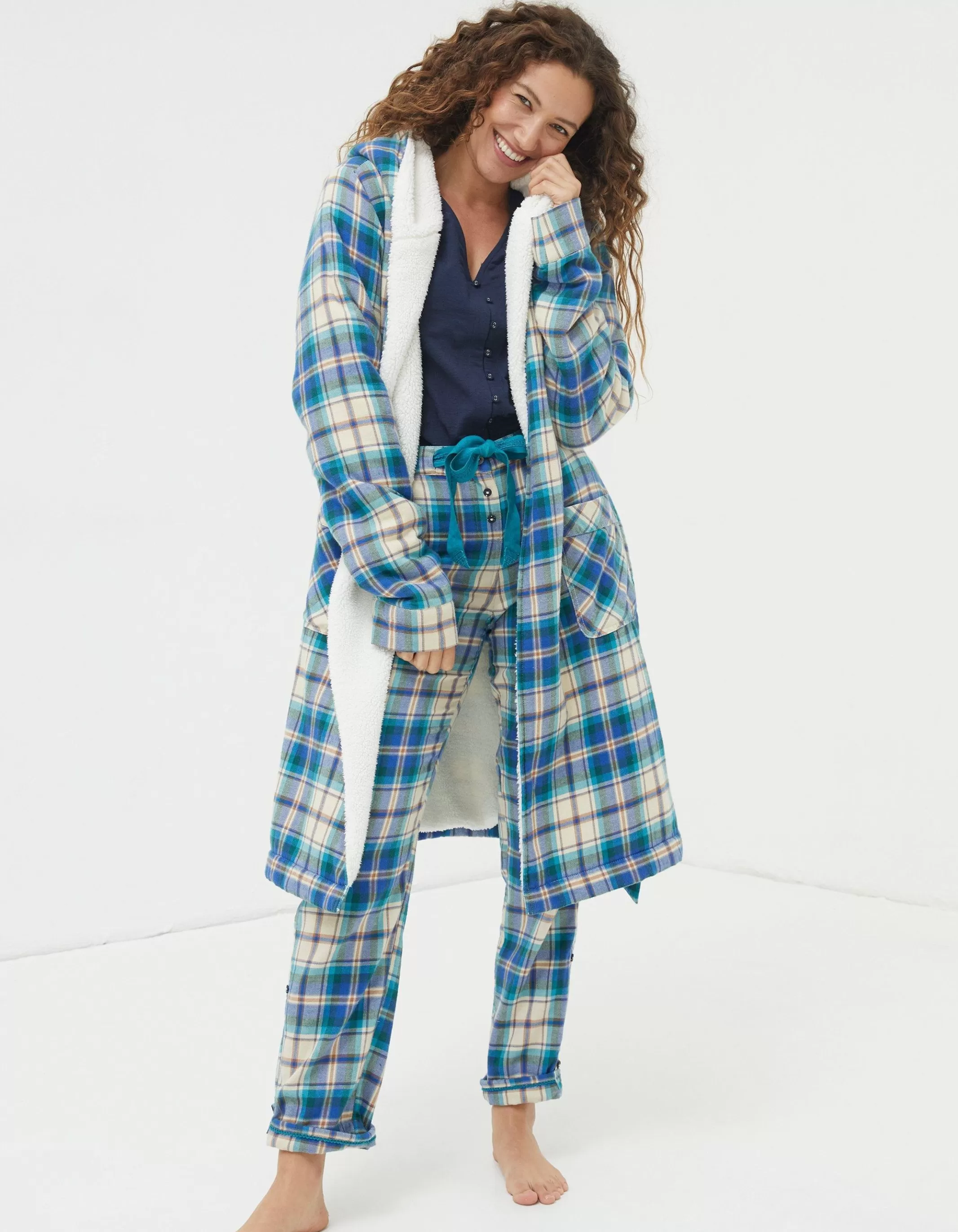 Hot FatFace Winter Check Robe Cobalt Blue