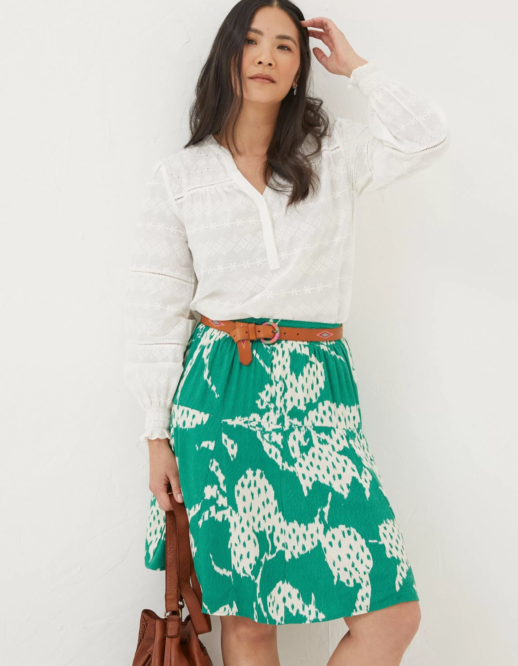 New FatFace Wynne Textured Leaves Skirt Green